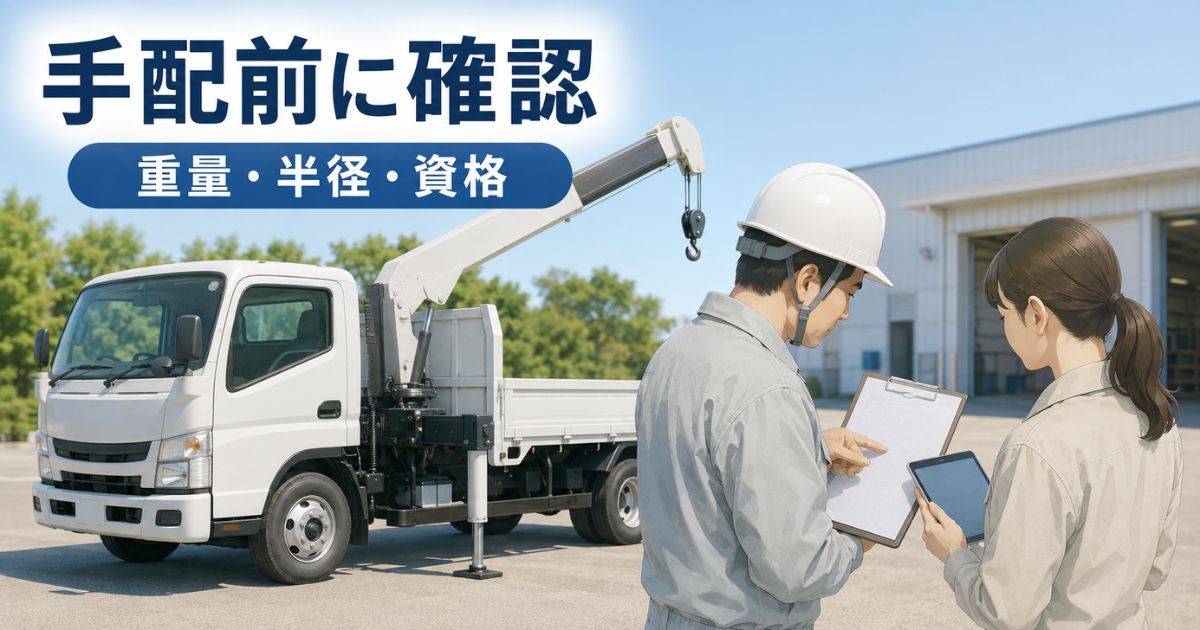 3tユニックの手配前に重量・半径・資格を確認している場面