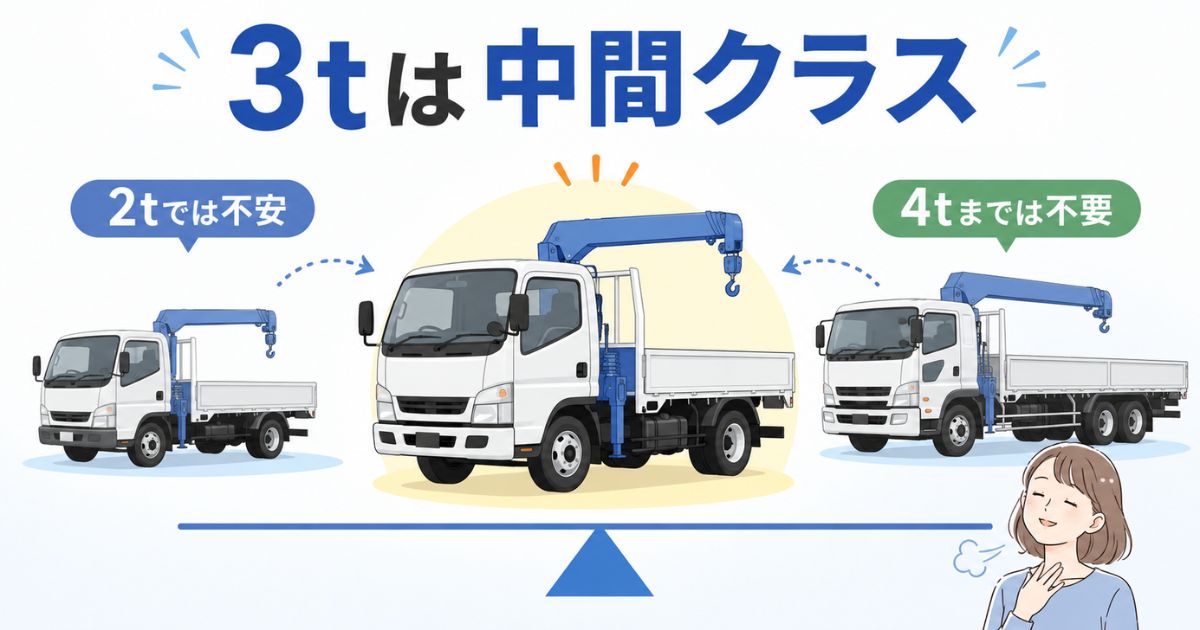 3tユニックは2tと4tの中間で選ぶ車両であることを示す図解