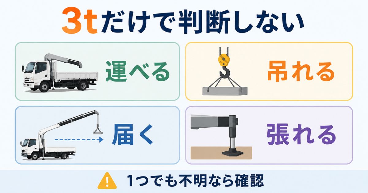 3tユニック選びで運べる・吊れる・届く・張れるを確認する図解