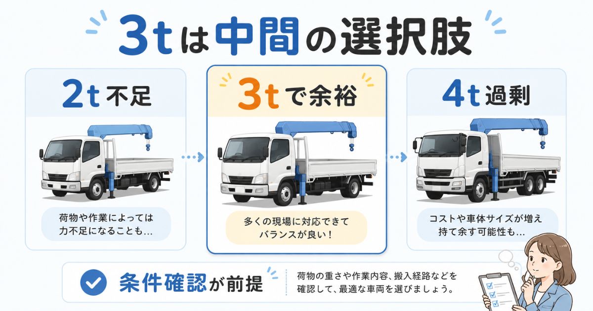 2t不足と4t過剰の中間にある3tユニックの特徴を示した図解