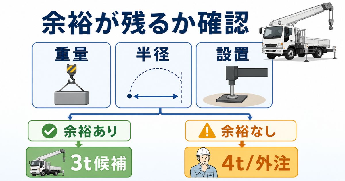 3tユニック選定で重量・半径・設置条件を確認する判断軸の図解