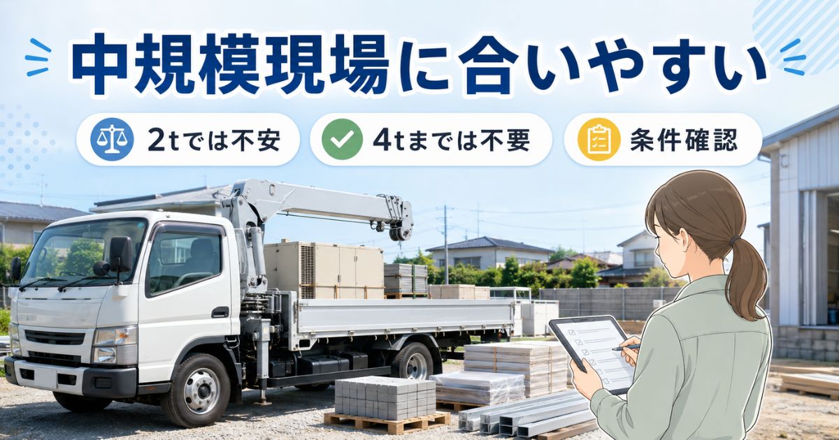 3tユニックが向いている中規模現場で条件確認をしているイメージ