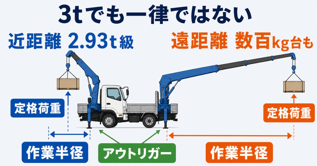 3tユニックで吊れる重さは作業半径とアウトリガー条件と定格荷重で変わることを示す図解