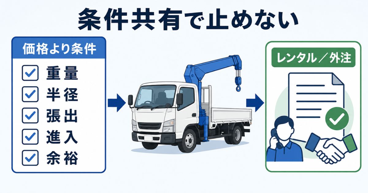 3tユニック手配前に重量と作業半径と張り出し条件と進入条件を共有する流れを示す図解