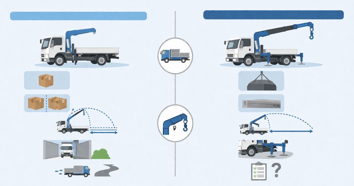 2tユニックと3tユニックの能力の考え方を車両側とクレーン側で分けて示す比較図