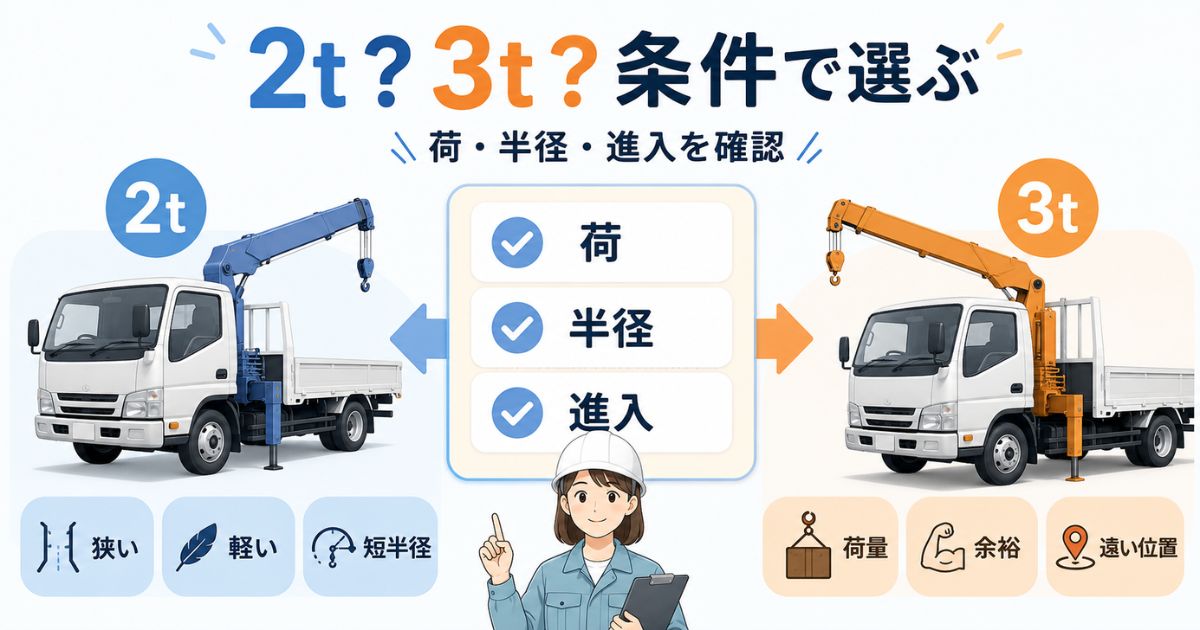 2tユニックと3tユニックを荷量・作業半径・進入条件で選ぶ判断軸を示したアイキャッチ画像