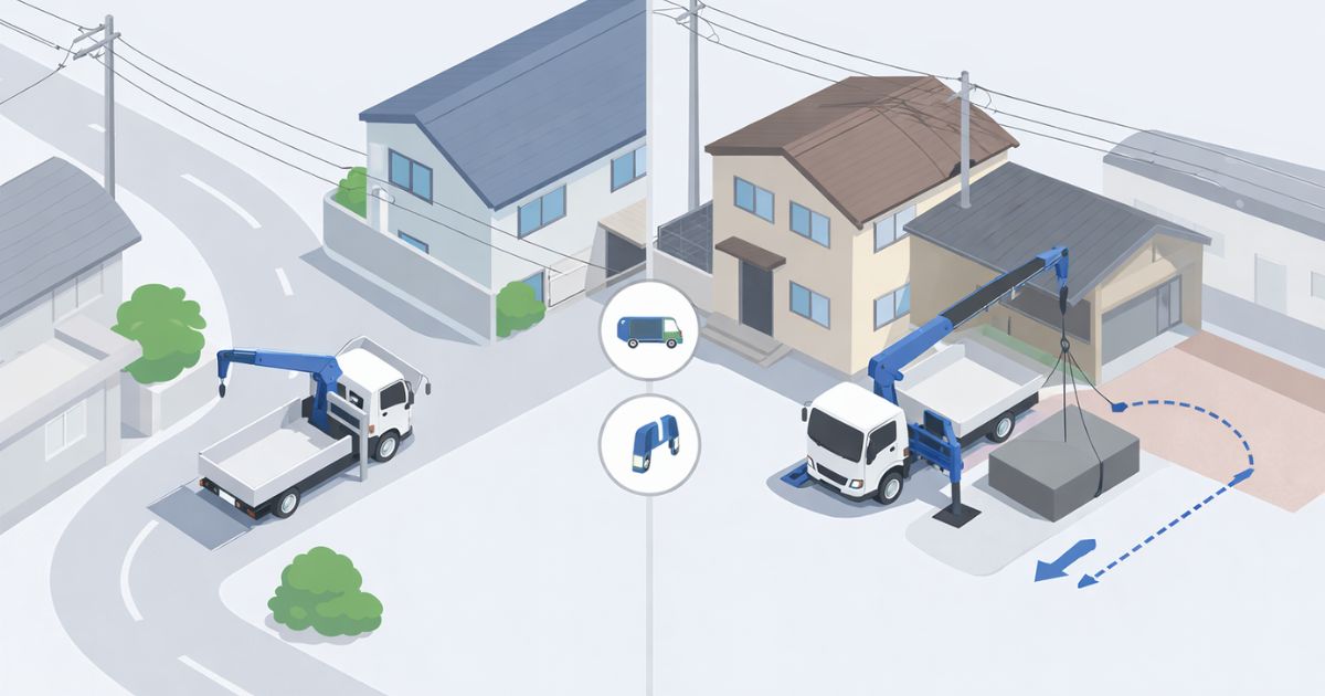 進入路や停車位置、吊り位置の関係から2tと3tの現場条件を整理した図