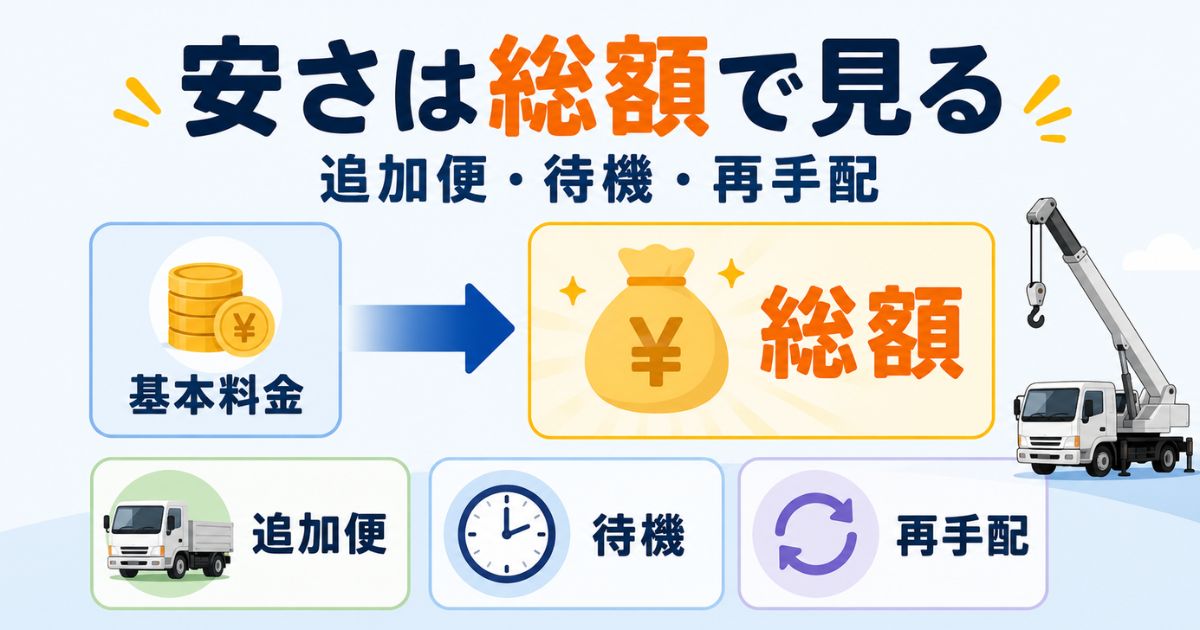 2tユニックと3tユニックの費用を基本料金だけでなく追加便や待機を含めて比較する図解