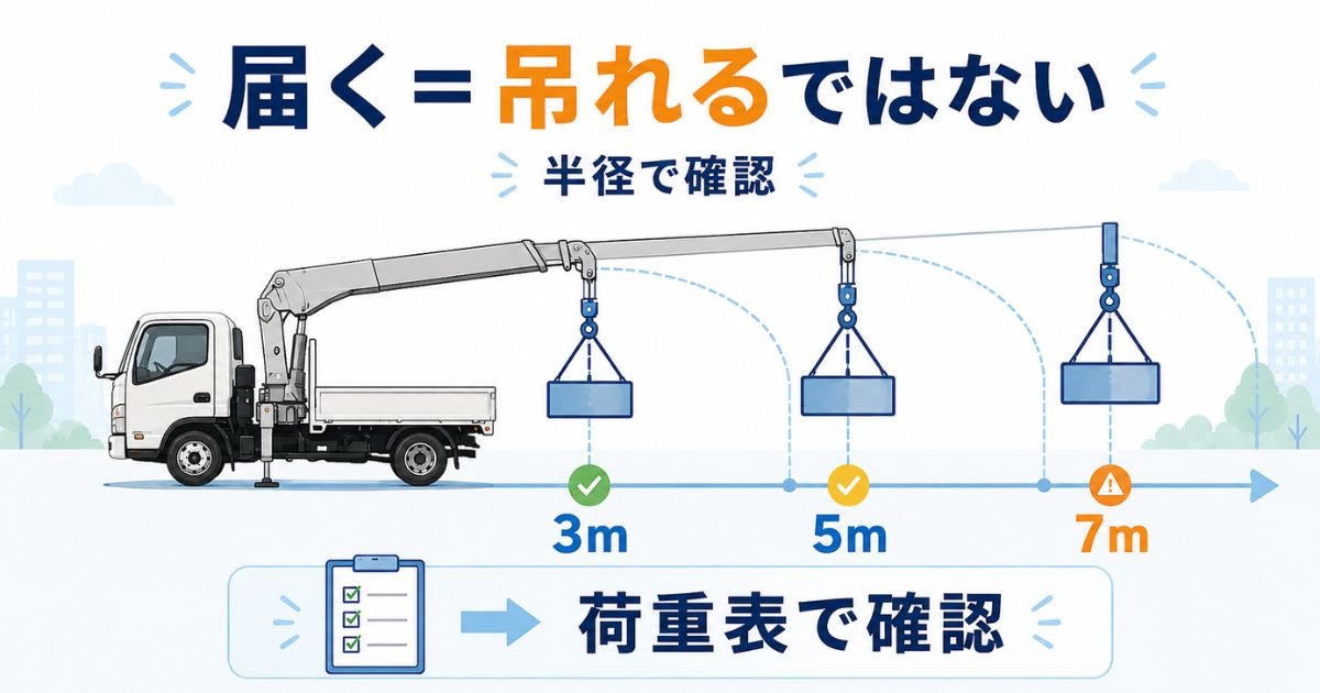 作業半径が伸びるほど吊り条件が厳しくなるため荷重表で確認することを示した図解