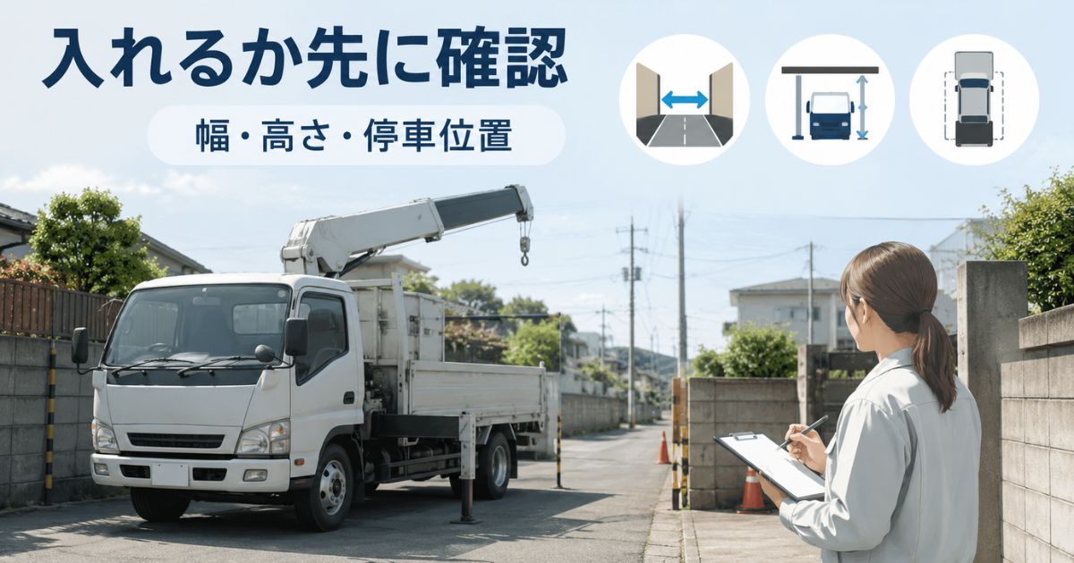 3tユニックと4tユニックを選ぶ前に進入路や停車位置を確認している現場確認イメージ
