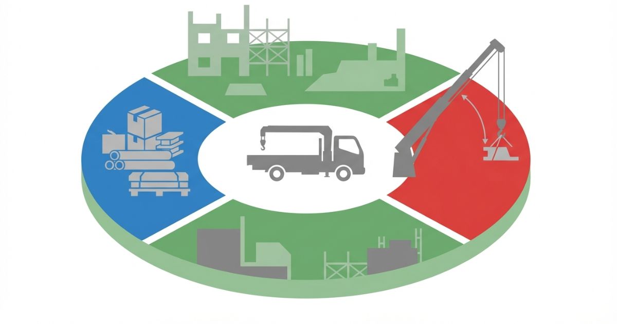 3tユニックが中規模現場の搬送と吊り作業に向いていることを示す図解
