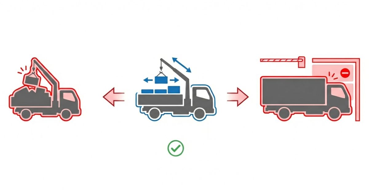 2tと4tの失敗例から3tユニックの用途判断を示す図解