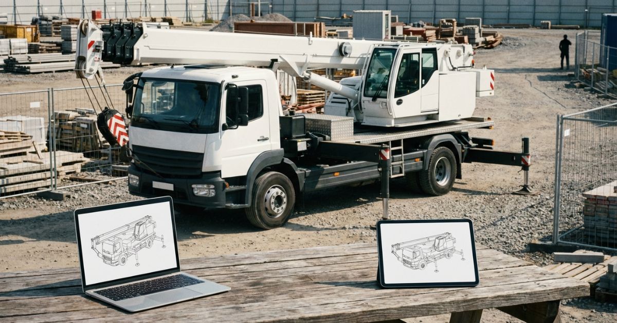 トラッククレーンのCAD図面を確認しながら現場レイアウトを検討するイメージ写真