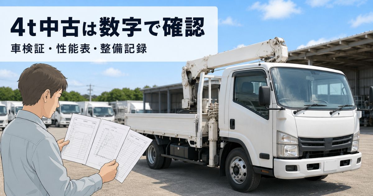 中古4tクレーン付きトラックを前に車検証や性能表、整備記録を確認する担当者