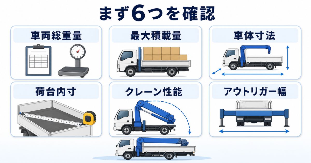 中古4tクレーン付きトラック購入前に確認する車両総重量や最大積載量など6項目