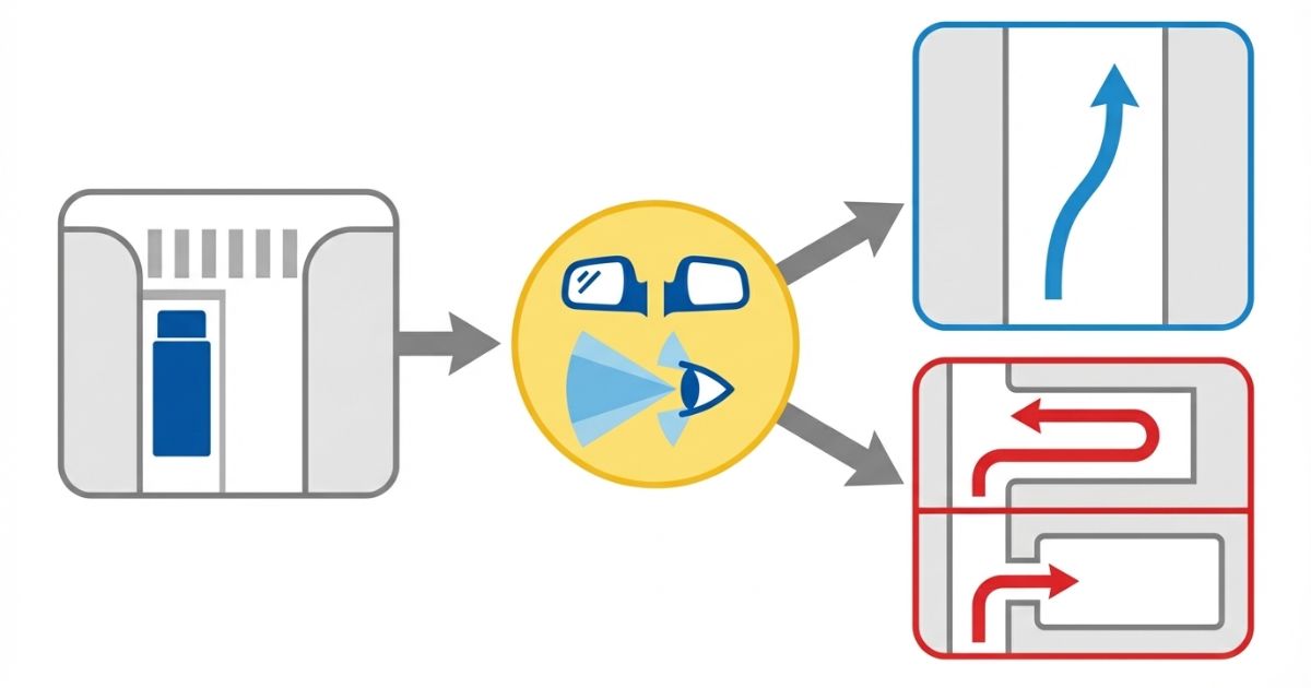 迷ったら減速して停止確認し無理なら切り返す流れを示す文字なし図解