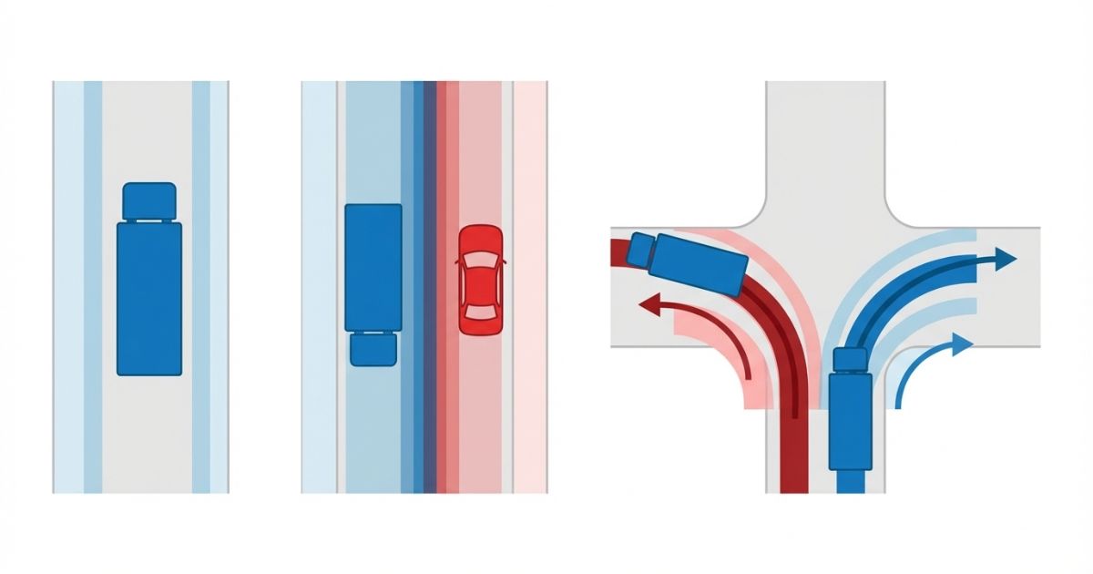 直線・すれ違い・右左折で必要な余裕が変わることを示す文字なし図解