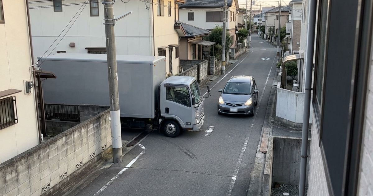 4tトラックが狭い生活道路ですれ違い前に減速している様子