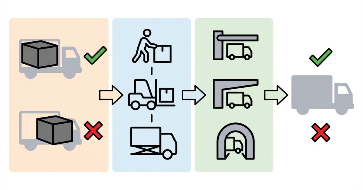 4t箱車の成立可否を荷物と荷役と高さ制限で判断する流れを文字なしで示した図解