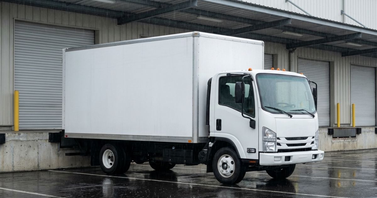 4t箱車が荷捌き場に停車している写真風イメージ