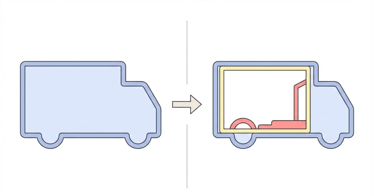 4t箱車の外寸ではなく荷室内寸と有効寸法で判断することを文字なしで比較した図解