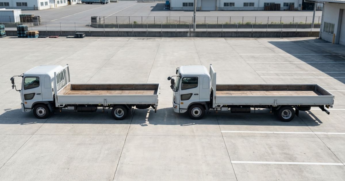 4t平ボディの標準とロングを並べて荷台長と全長の違いが伝わる写真