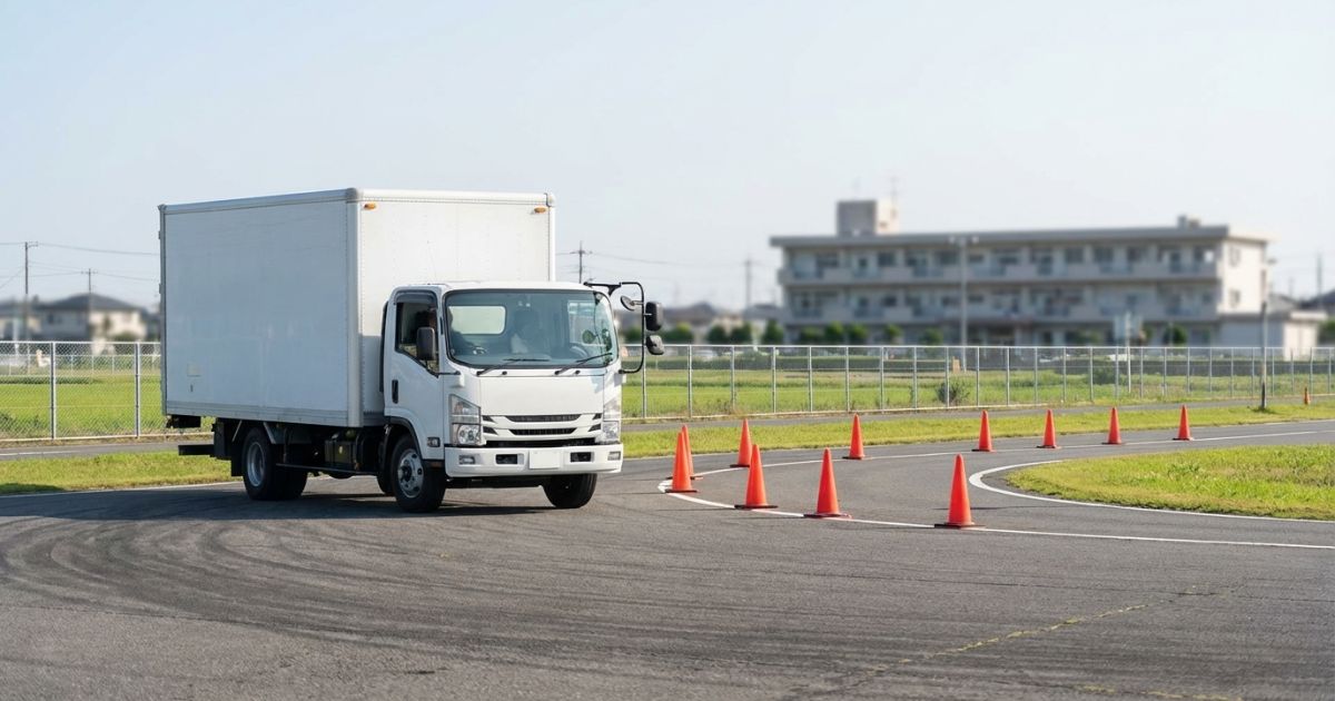 教習所のコースで中型クラスの教習車が走行する様子（4tトラック免許の取得イメージ）