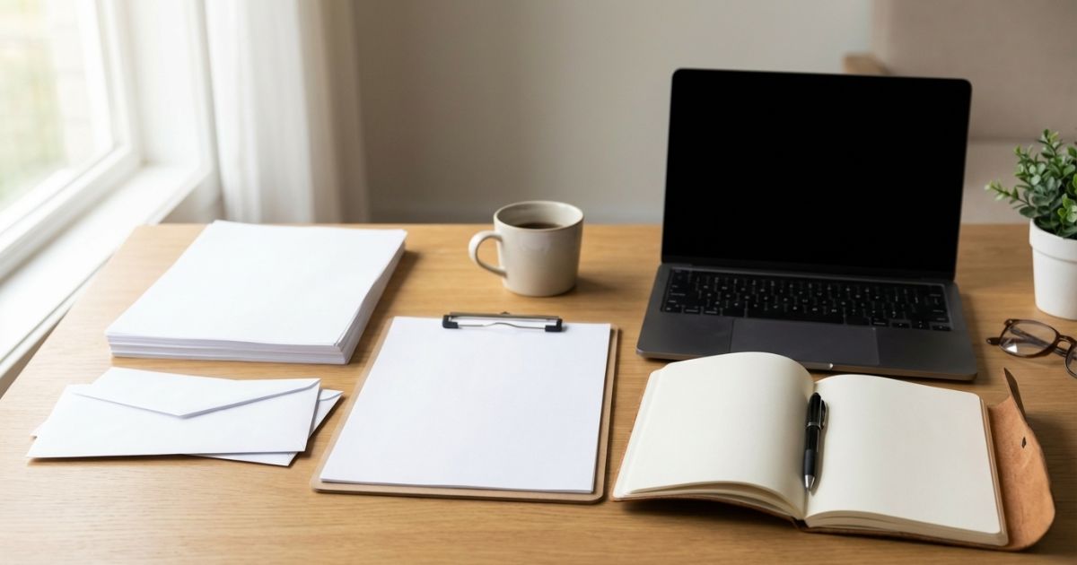 机の上で書類や端末を並べて免許取得ルートを比較検討している雰囲気