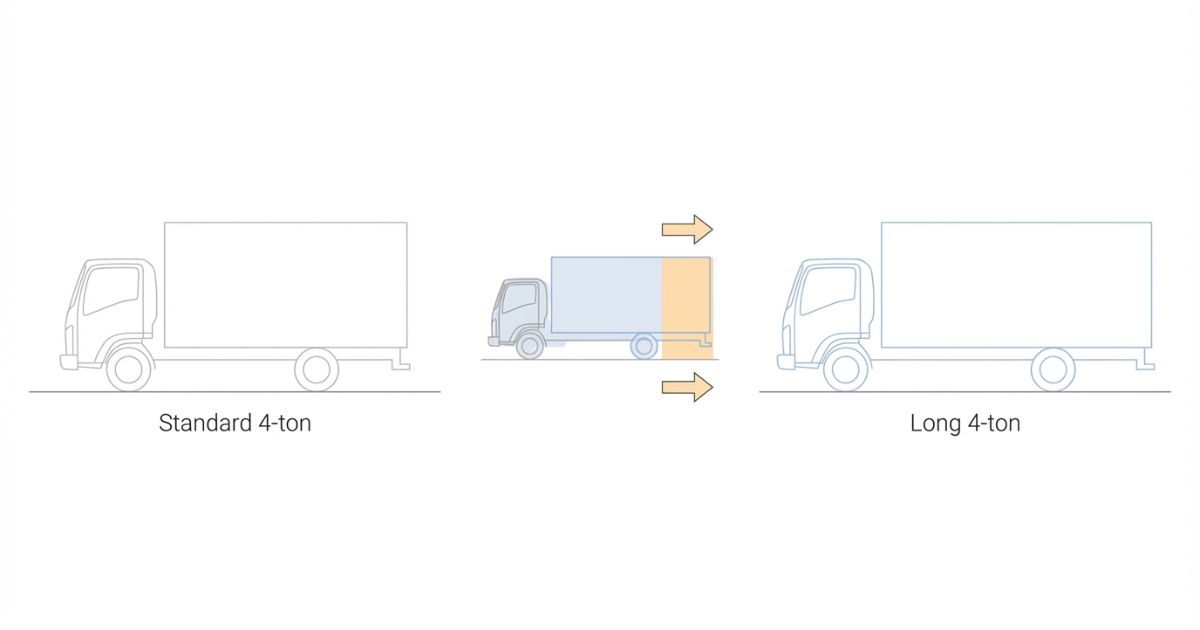 標準4tと4tロングの寸法差を寸法図風に比較した図解