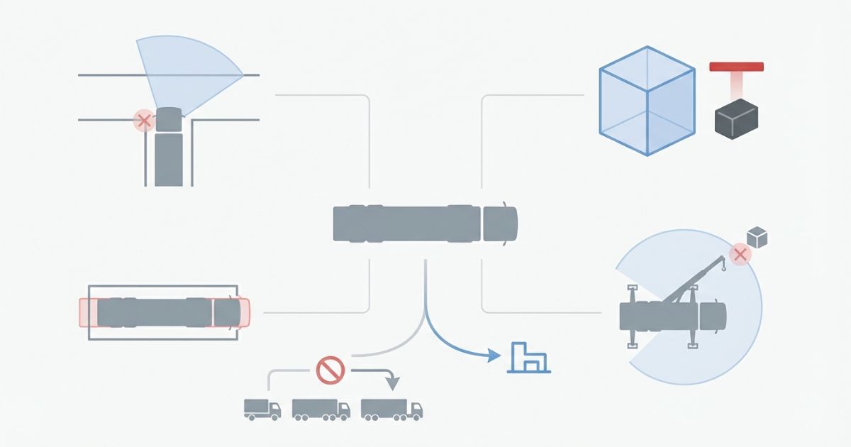 曲がれない停められない重量誤解ユニック条件不足の失敗分岐を可視化した文字なし図解