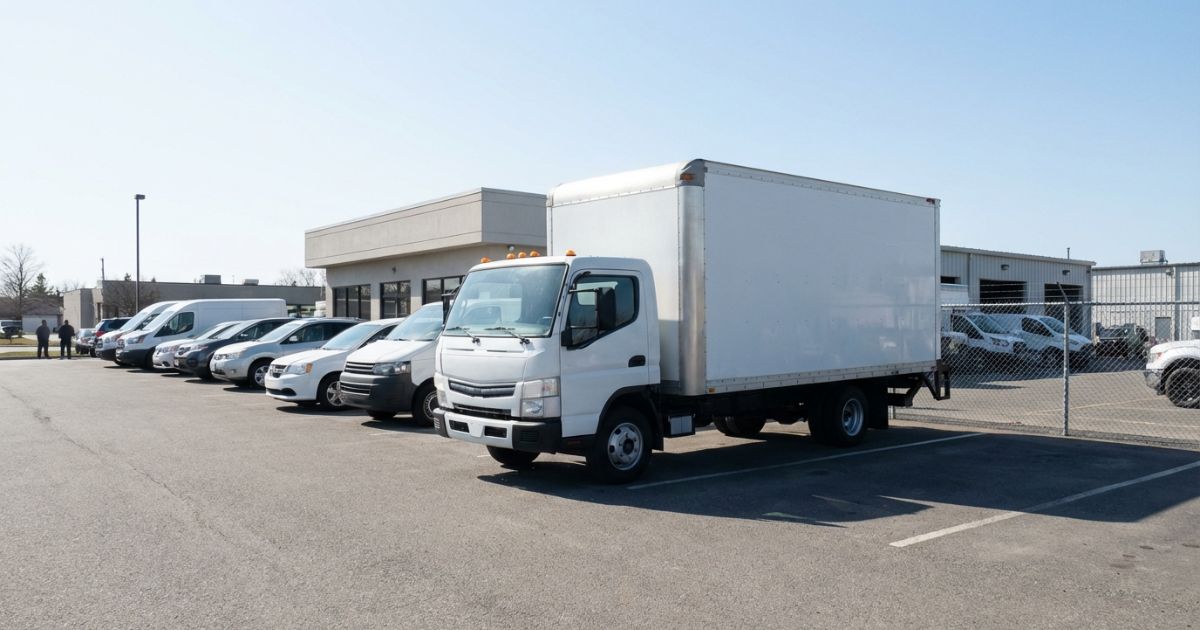 格安の4tトラックレンタカーを探す場面を想起できるレンタカー店舗と4t車両の写真