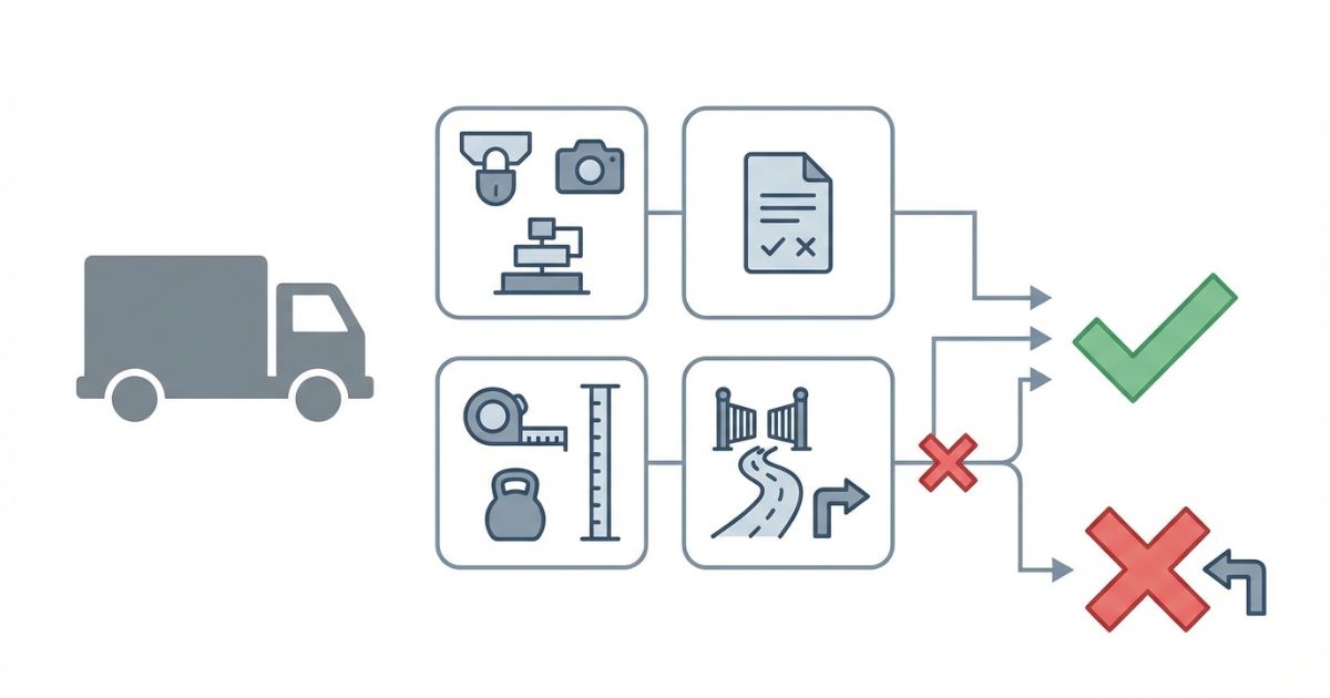 4tトラックのコインパーキング可否は方式と規約と制限値と動線が一致したときだけ成立することを示す文字なし図解