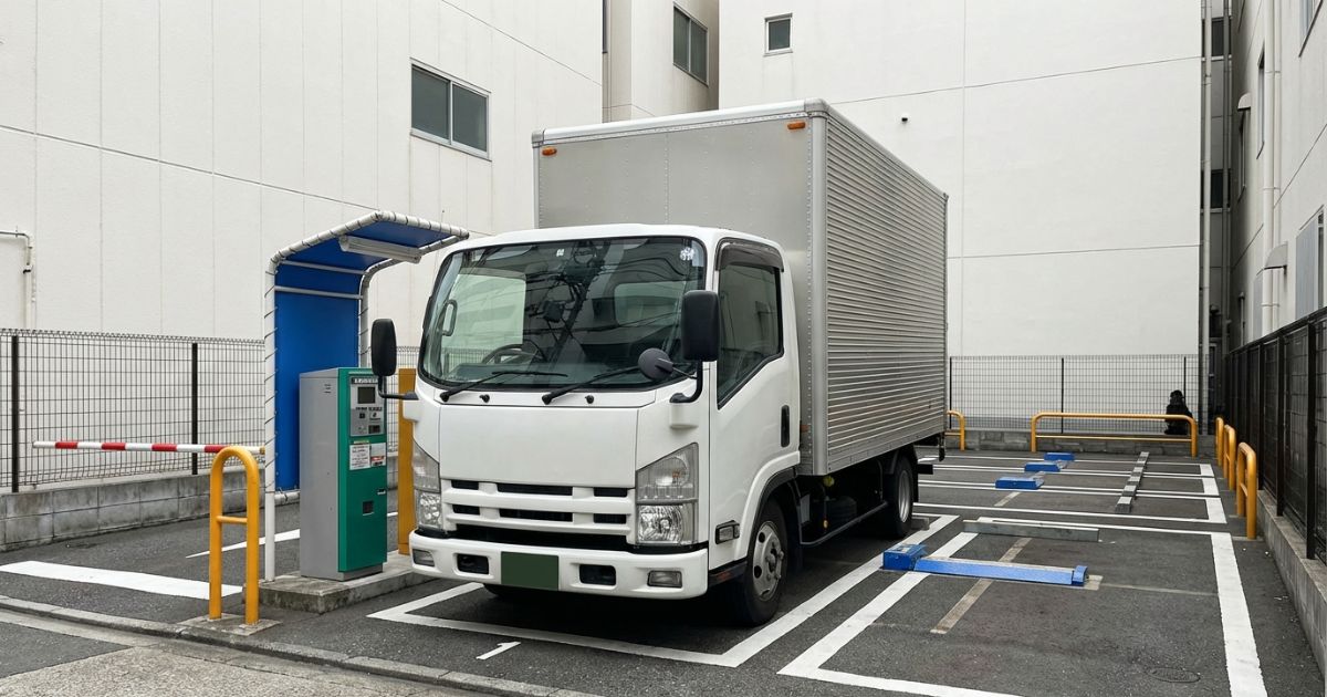 4tトラックがコインパーキング入口で停められるか迷う状況が伝わる写真
