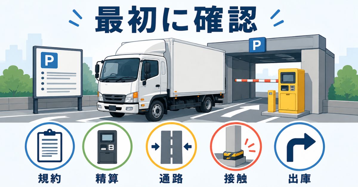 4tトラックがコインパーキング利用前に規約や精算や通路や接触や出庫を確認する図解