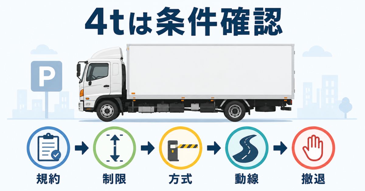 4tトラックでコインパーキング利用前に規約や制限値や方式や動線を確認する流れを示す図解