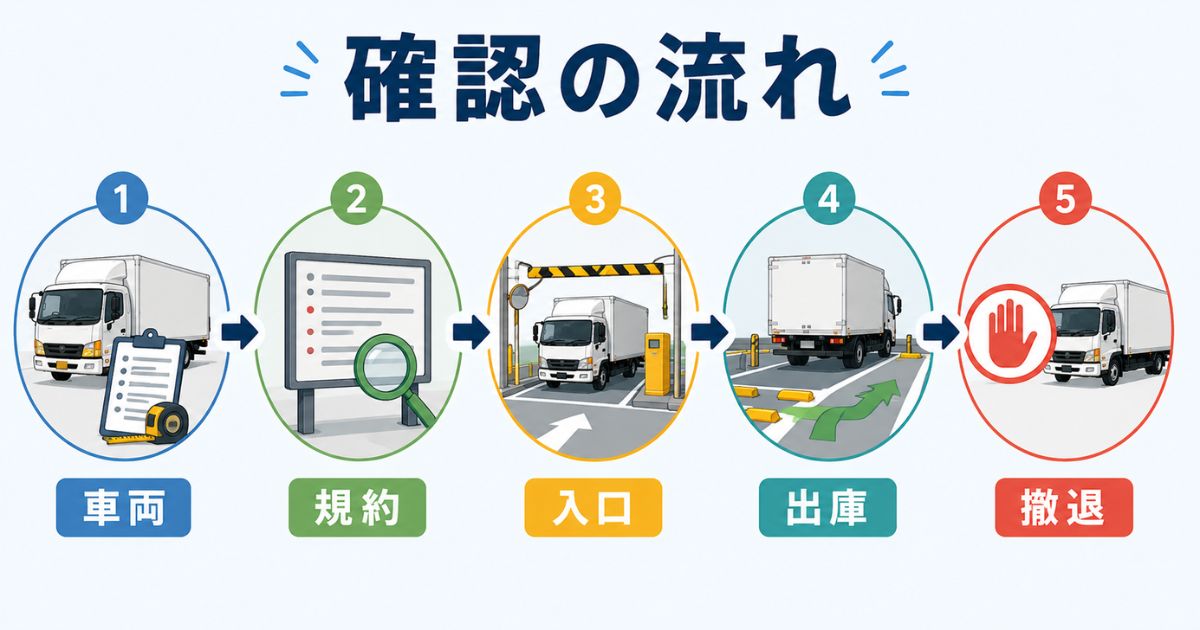 4tトラックでコインパーキング入庫前に車両確認から規約確認や入口確認や出庫確認や撤退判断まで進める図解