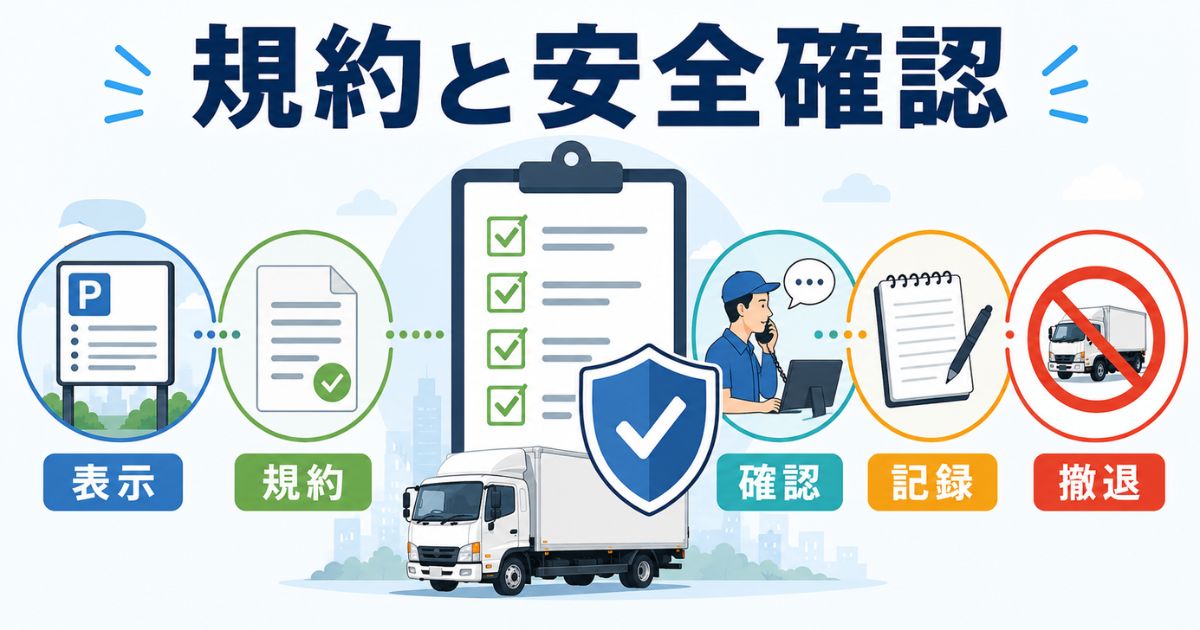 4tトラックでコインパーキング利用時に現地表示や規約や管理者確認や記録や撤退判断を確認する図解