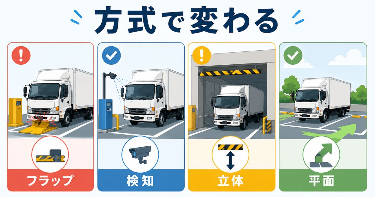 4tトラックのコインパーキング可否をフラップ式や検知式や立体や平面で比較する図解