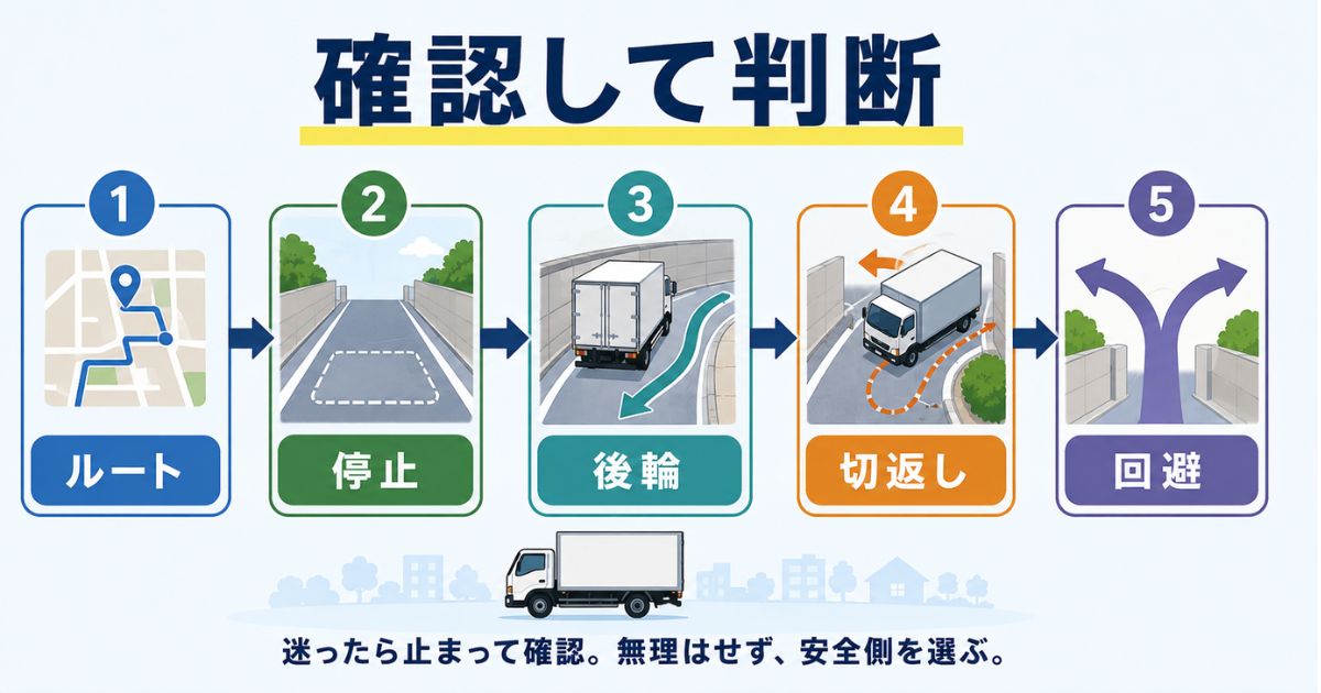 4tトラックで狭路や現場入口に入る前の確認と判断の流れを示す図解