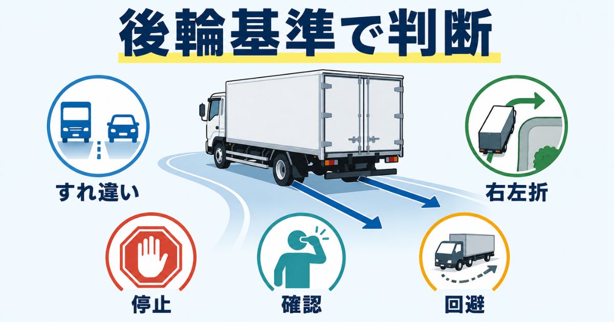4tトラックの道幅判断を後輪基準で行い停止や確認へ進む流れを示す図解