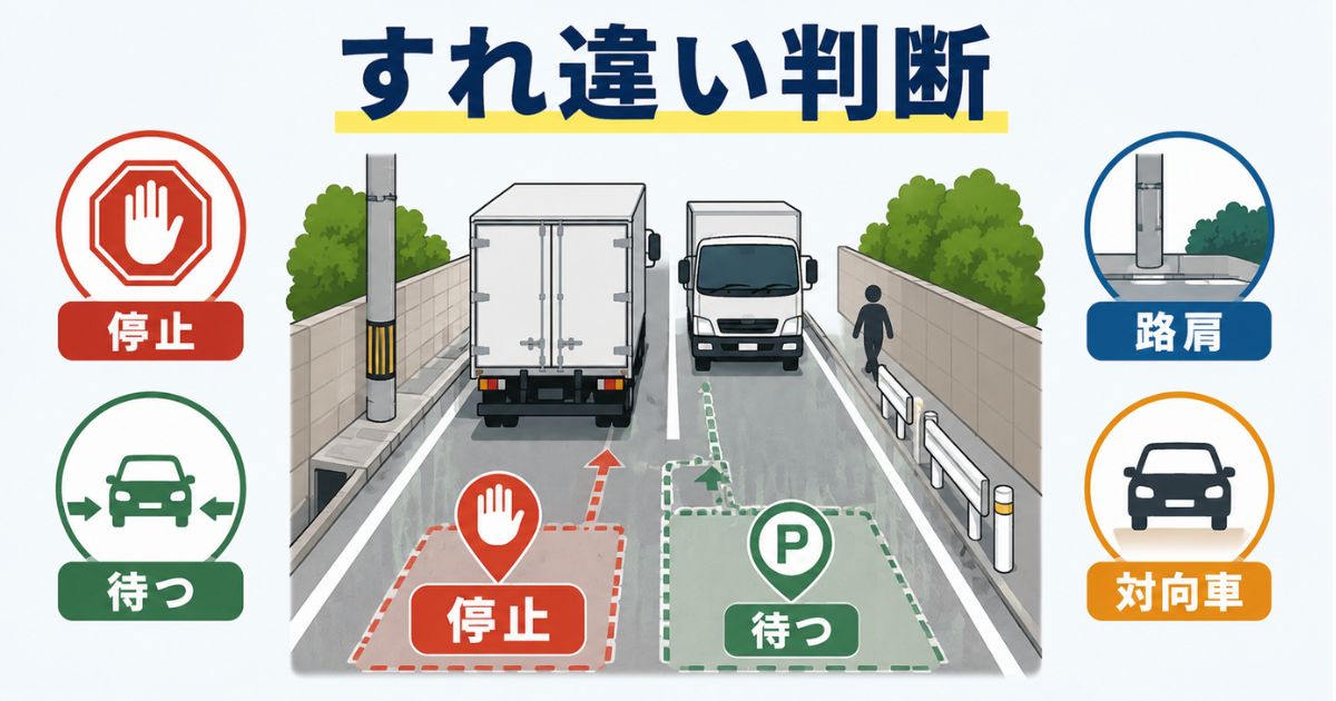 4tトラックが狭い道ですれ違う前に停止位置や待避場所を確認する図解