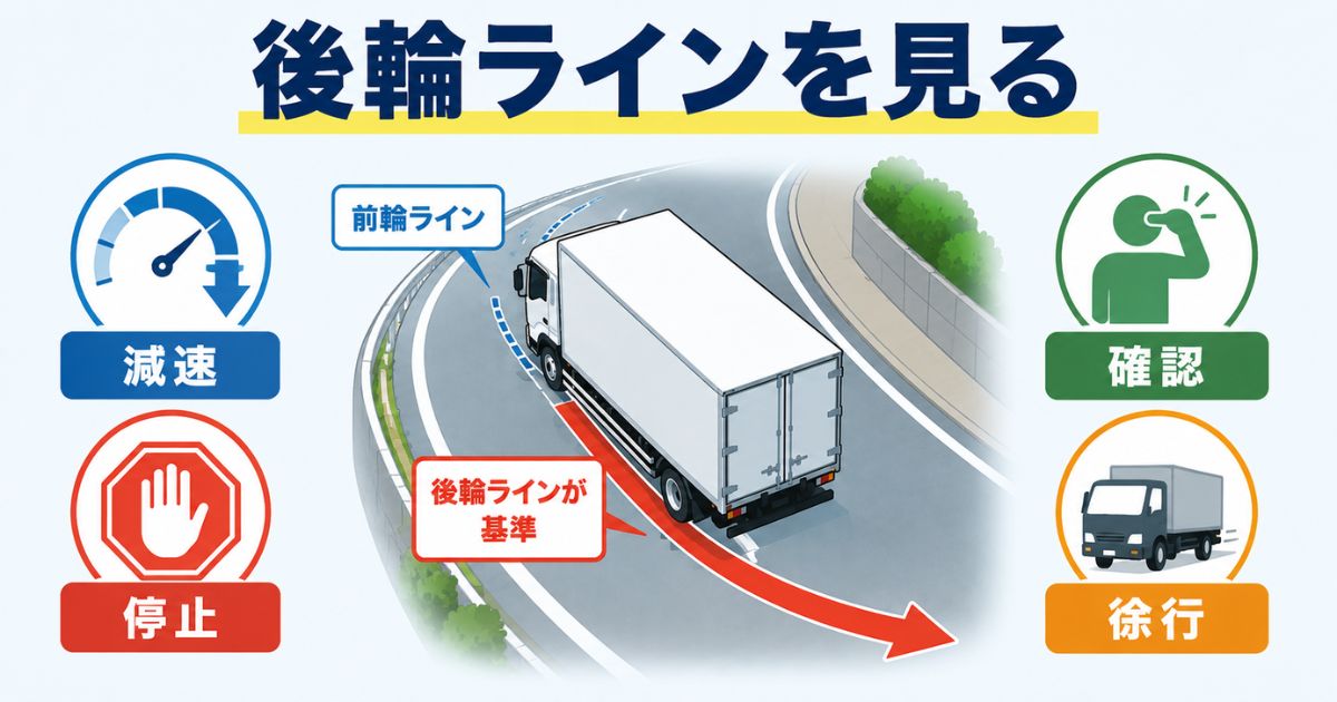 4tトラックの道幅判断で後輪ラインを見て減速停止確認徐行へ進む図解