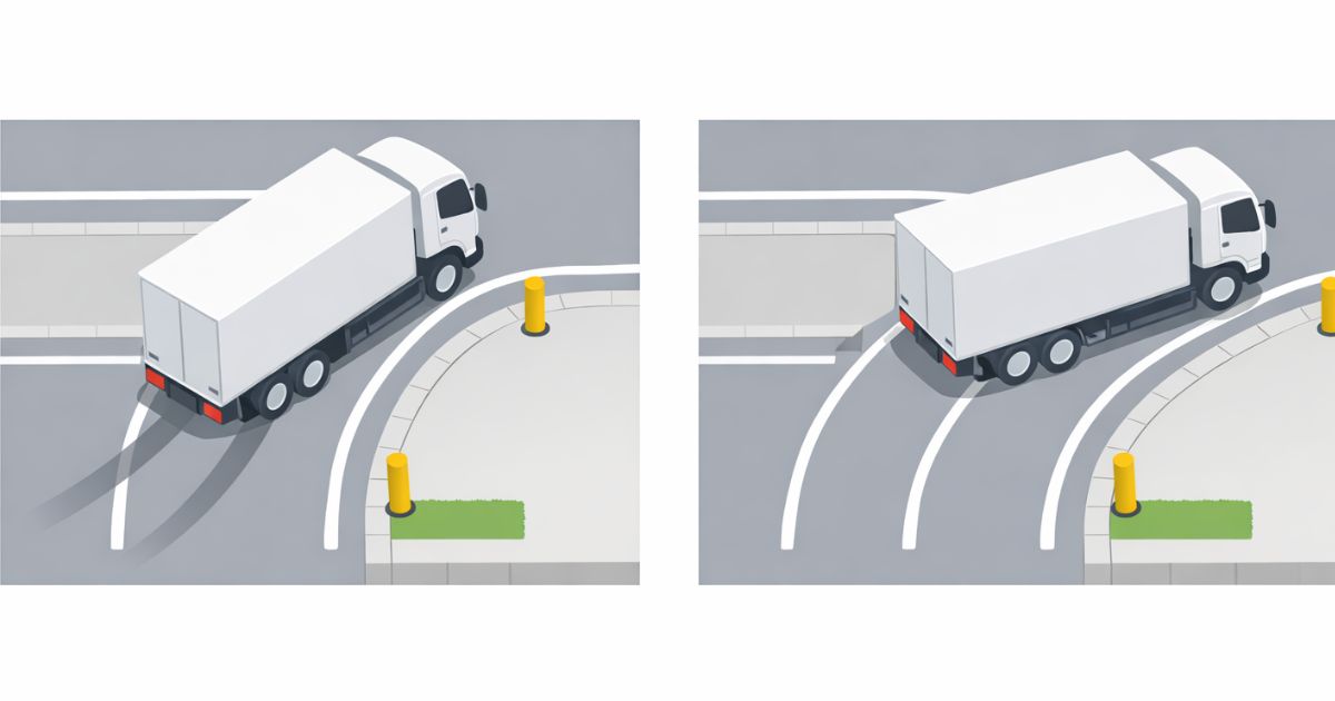 普通車感覚と後輪基準の曲がり方の違いを示す比較図