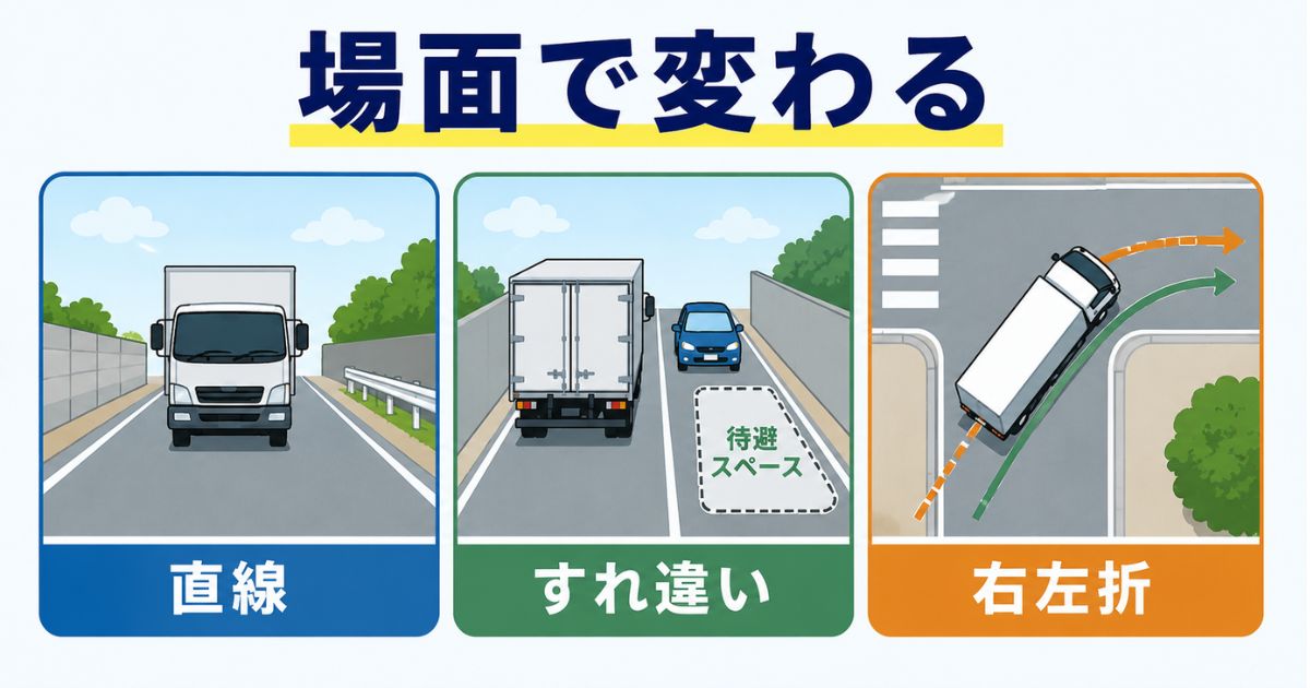 4tトラックの道幅判断が直線やすれ違いや右左折で変わることを示す図解