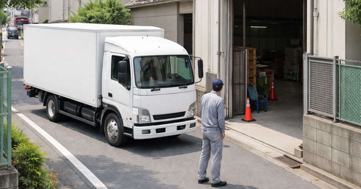 狭い現場進入前に4tトラックが停止して確認している場面