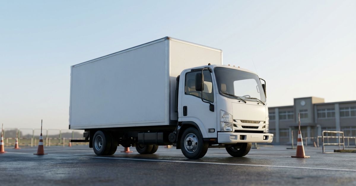 4tトラックの限定解除をイメージできる教習所と中型トラックの写真