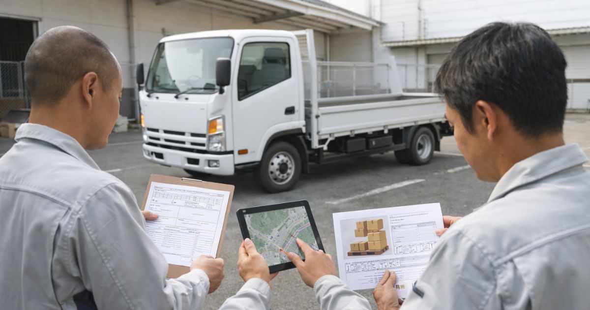 4tトラック手配前に条件確認を行う現場イメージ