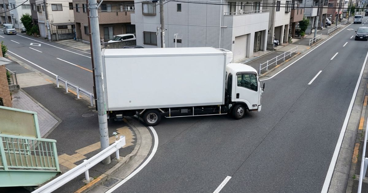 4tトラックが狭い交差点を左折する場面の写真（内輪差と外側の逃げを意識できる）
