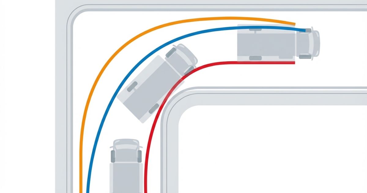 入口・角・転回のどこが最狭ポイントになりやすいかを文字なし図解で示した3パネル