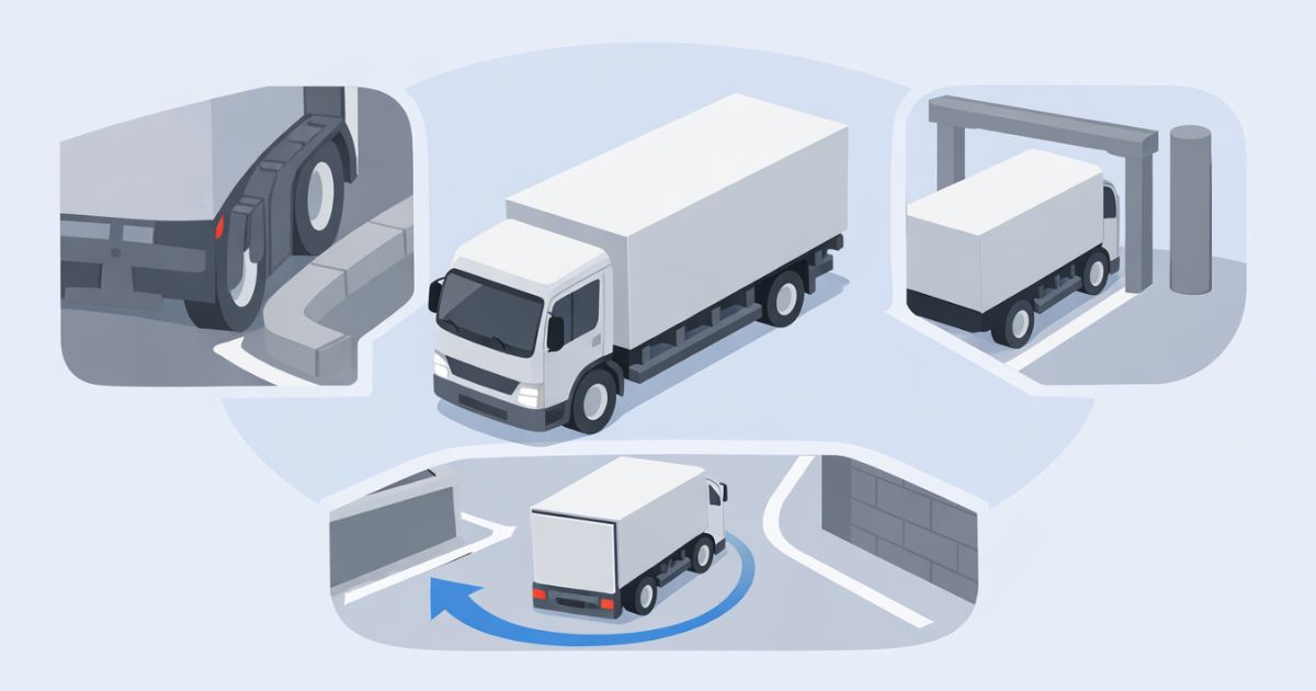 軌跡図で確認する内側干渉と外側の逃げと後部振り出しの判断軸を示す図